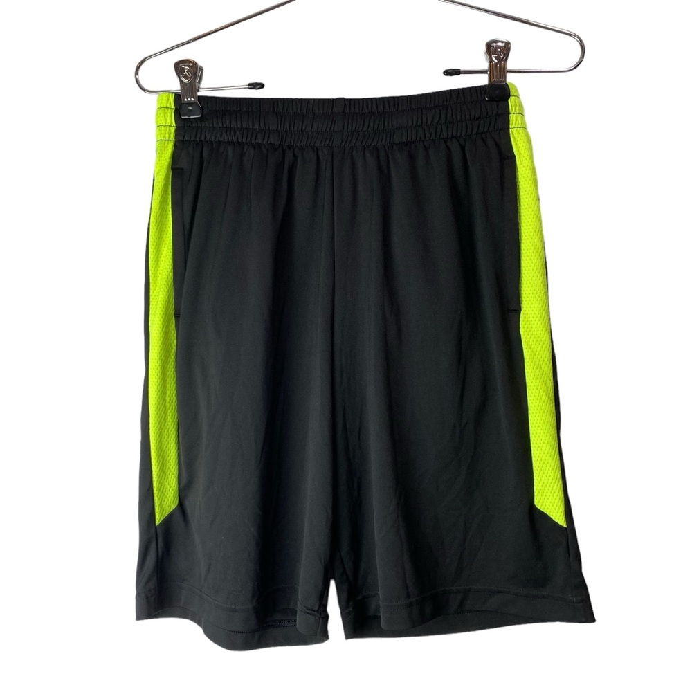 Tech Gear Dry Tech athletic shorts black with neon bright yellow stripe L 14/16